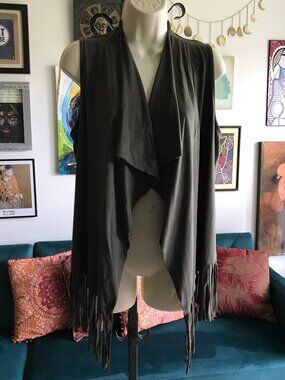 RUE 21 size S / M Green Faux Suede Open Drape Front Fringe Vest Vintage y2k
